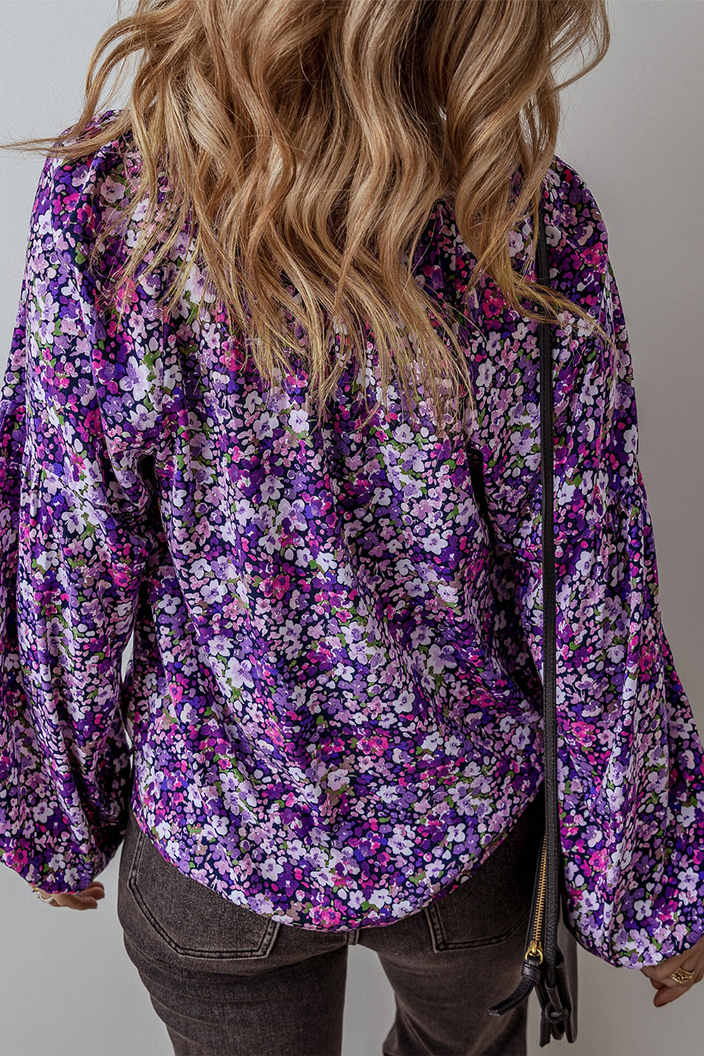 Purple Boho Flower Split V Neck Bubble Sleeve Blouse