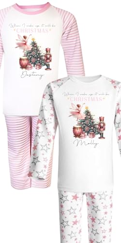 Personalised Girls' Dusky Pink Nutcracker Christmas Pyjamas, When I wake up it will be Christmas, Handmade & Made to Order (Pink Star, 9-10)