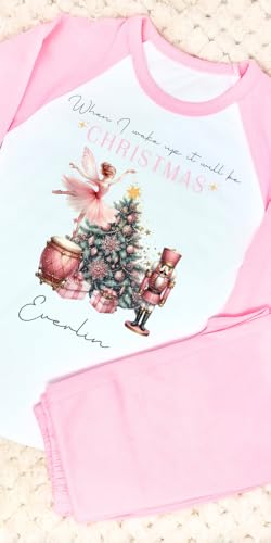 Personalised Girls' Dusky Pink Nutcracker Christmas Pyjamas, When I wake up it will be Christmas, Handmade & Made to Order (Pink Star, 9-10)