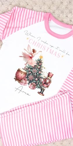 Personalised Girls' Dusky Pink Nutcracker Christmas Pyjamas, When I wake up it will be Christmas, Handmade & Made to Order (Pink Star, 9-10)