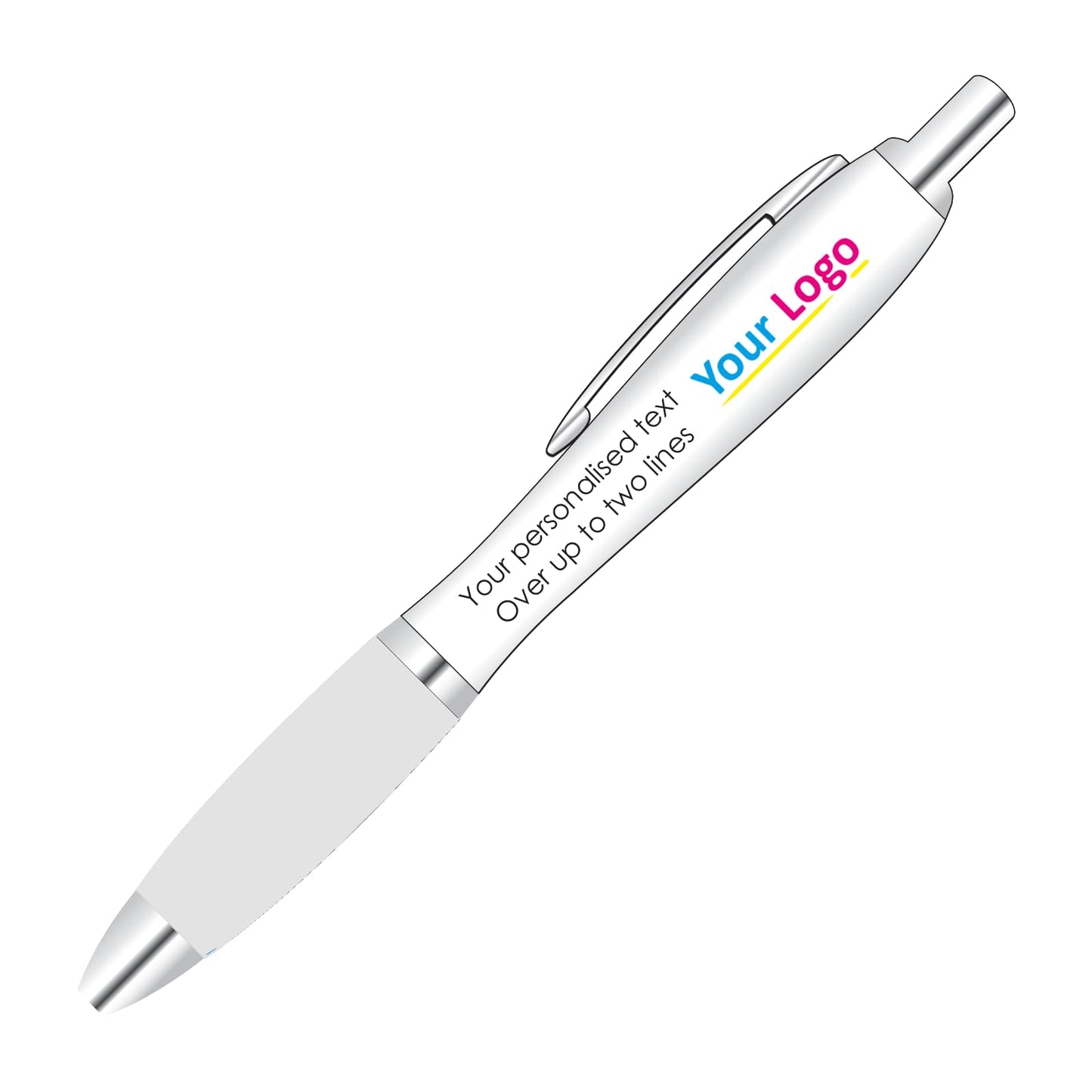 Full Colour Printed Logo Pen With Personalised Text Options for Custom Promotion With Black Colour Grip.