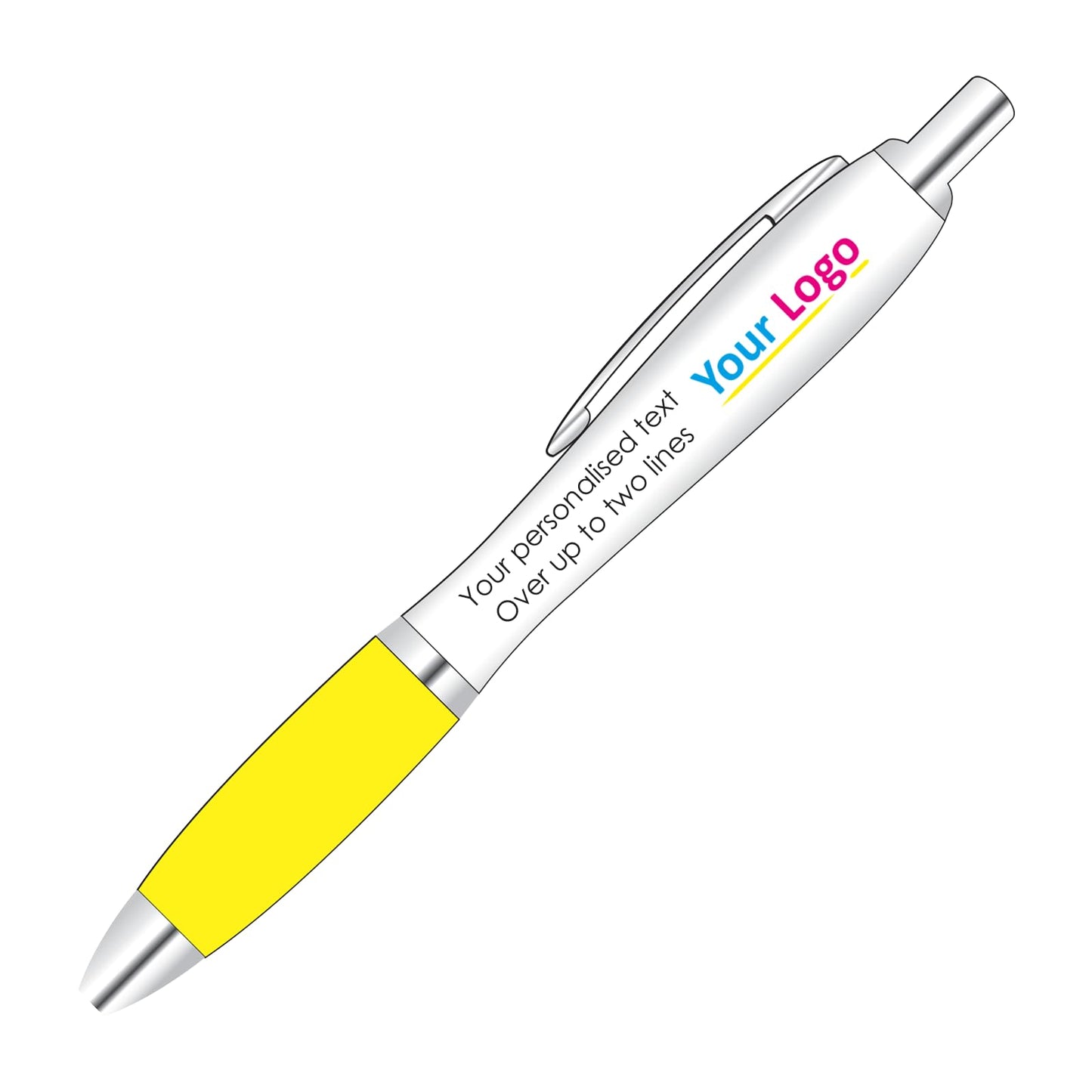 Full Colour Printed Logo Pen With Personalised Text Options for Custom Promotion With Black Colour Grip.