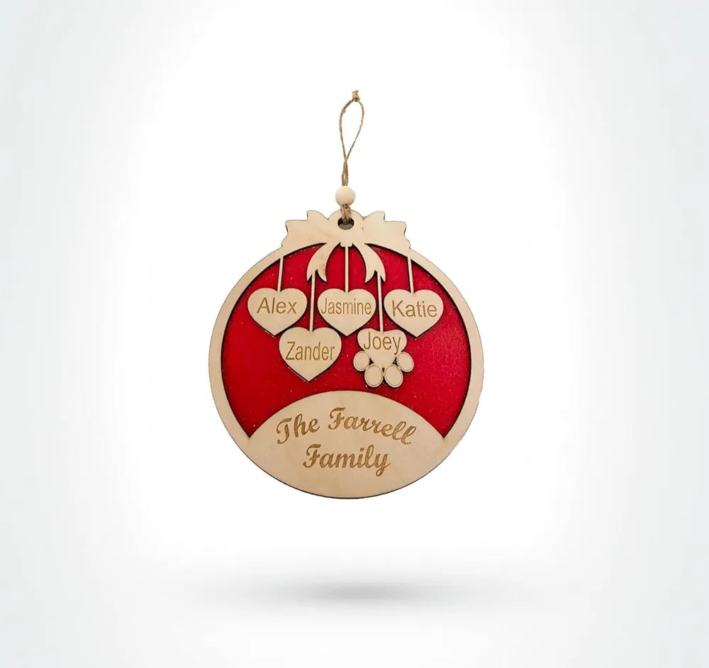 Laser Amore Large Personalised Christmas Bauble - Red Glitter Wooden Hanging Xmas Tree Decoration with Family and Pets Names, Family Christmas Ornament Gift - Perfect for Xmas Decorations