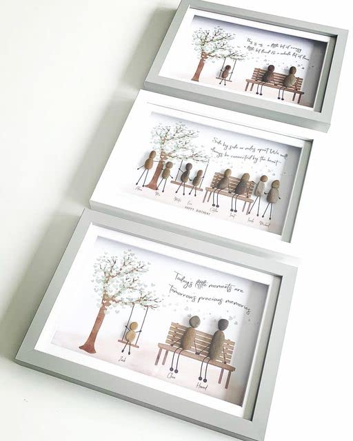 Personalised Pebble Art Picture framed and Mounted. Perfect family gift for Christmas and all occasions. Birthdays, Weddings, Anniversary, New baby, Christening, New Home. Adoption. Family bench tree