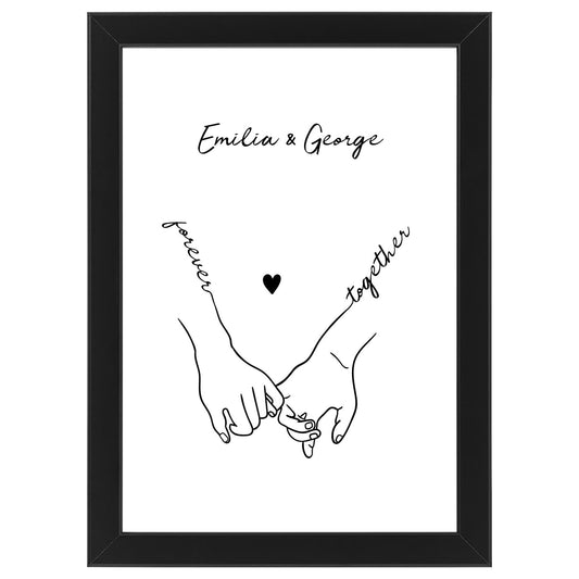 Personalised Couple Holding Hands Art Print | Gift Idea for Wedding, Engagement, Valentines or Anniversary | Minimalist Style Print | A3, A4 and A5 Wood Effect Frames Available