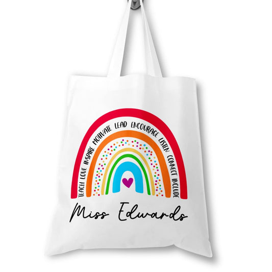 Personalised Teacher Bag with Customisable Name, Teacher Gifts, Custom Leaving End of Term Gift, Custom Teacher Tote Bag with Any Name, Rainbow Tote Bag, School Leaving Gift