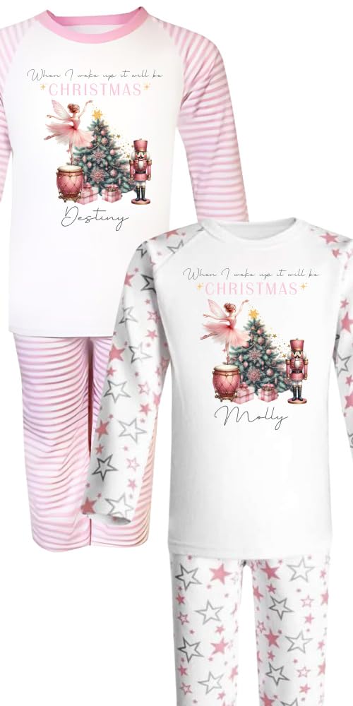 Personalised Girls' Dusky Pink Nutcracker Christmas Pyjamas, When I wake up it will be Christmas, Handmade & Made to Order (Pink Star, 9-10)