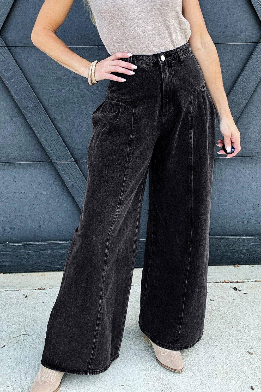 Dark Grey Pleated Wide Leg Mineral Wash Denim Pants