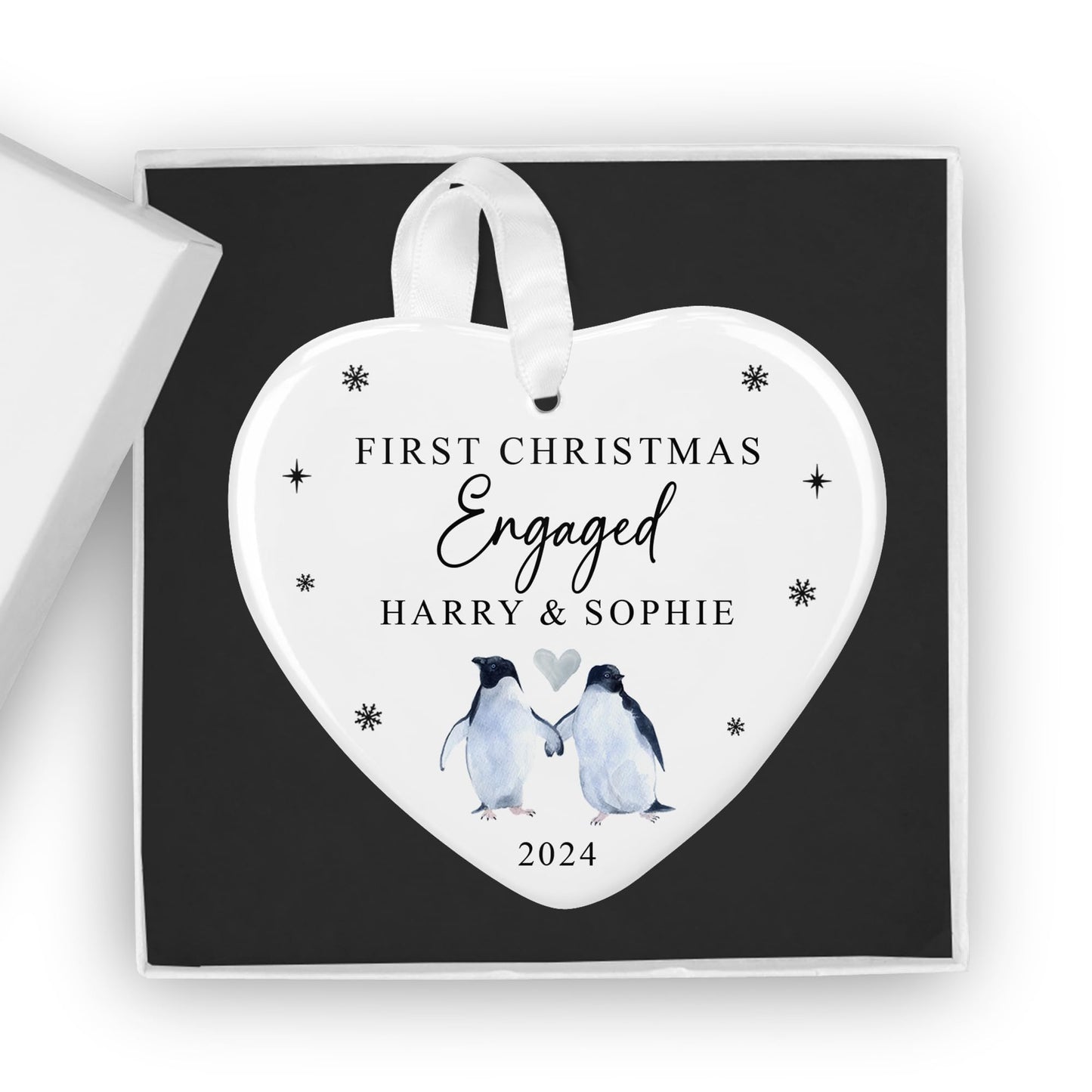 Personalised Our First Christmas Engaged Bauble with Gift Box, Custom 1st Xmas Engaged Ornament, Fiancé Gift, Couples Gift, Christmas Ornament, Engagement Gift (Heart)