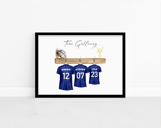 Personalised Family Rugby Shirt Print - Birthday, Fathers Day Gift - A5, A4, A3 Prints & Framed