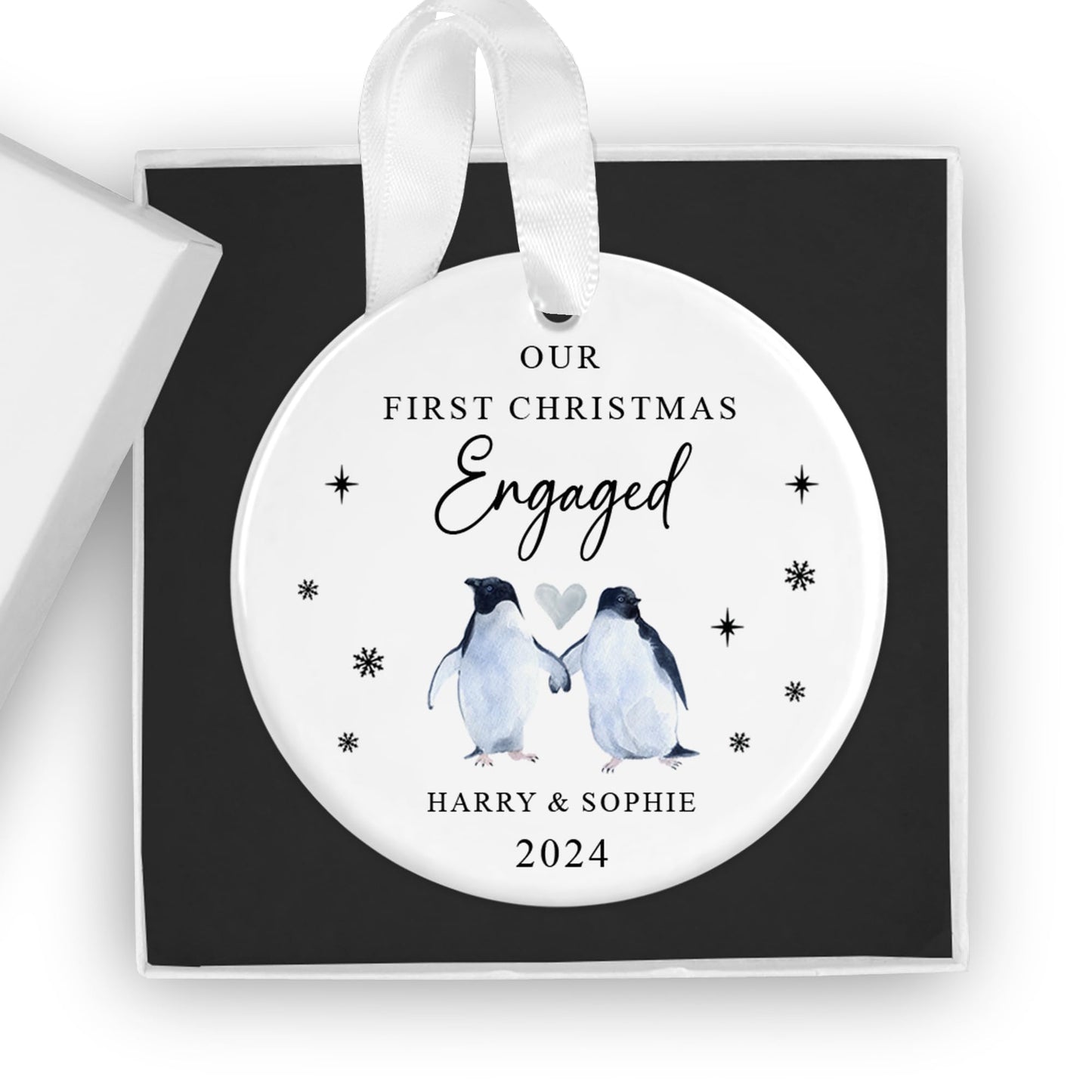 Personalised Our First Christmas Engaged Bauble with Gift Box, Custom 1st Xmas Engaged Ornament, Fiancé Gift, Couples Gift, Christmas Ornament, Engagement Gift (Heart)