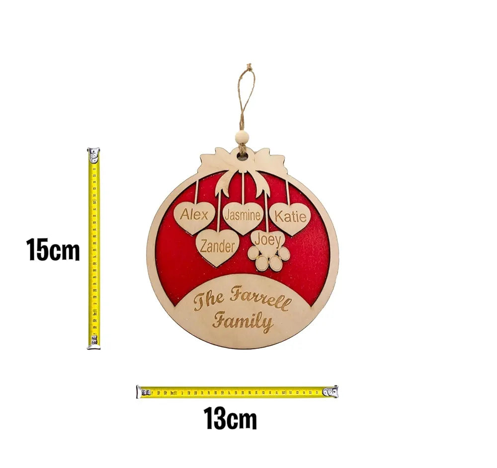 Laser Amore Large Personalised Christmas Bauble - Red Glitter Wooden Hanging Xmas Tree Decoration with Family and Pets Names, Family Christmas Ornament Gift - Perfect for Xmas Decorations