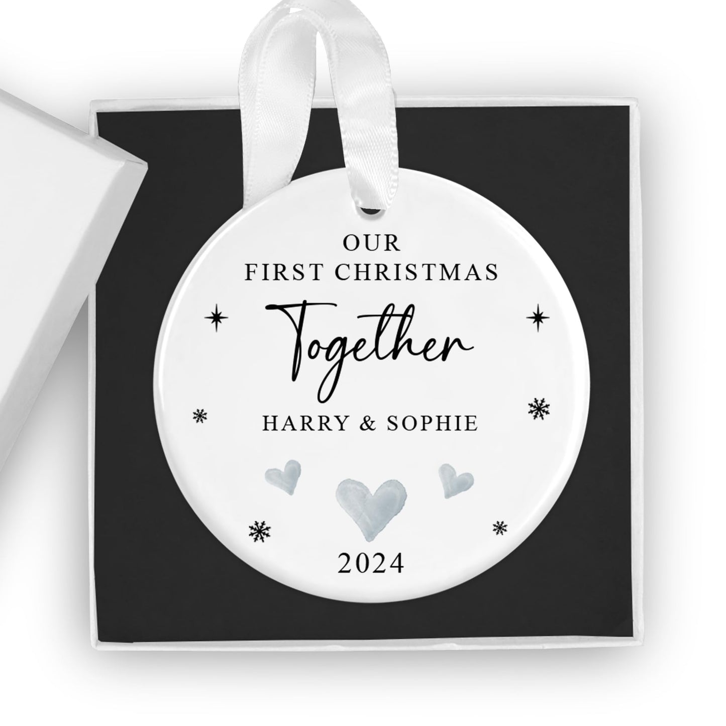 First Christmas Together Personalised Bauble with Penguins, Includes Gift Box - Custom 1st Xmas Tree Ornament - Keepsake Gift for New Couple, Girlfriend, Boyfriend, Him or Her (Heart)