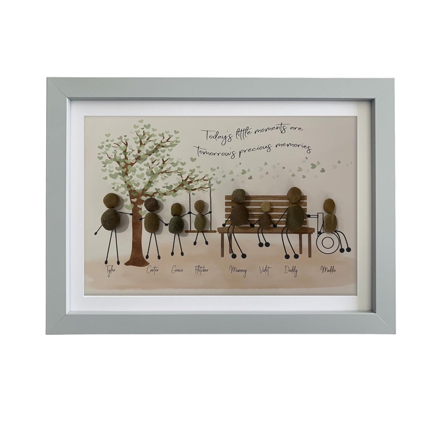 Personalised Pebble Art Picture framed and Mounted. Perfect family gift for Christmas and all occasions. Birthdays, Weddings, Anniversary, New baby, Christening, New Home. Adoption. Family bench tree