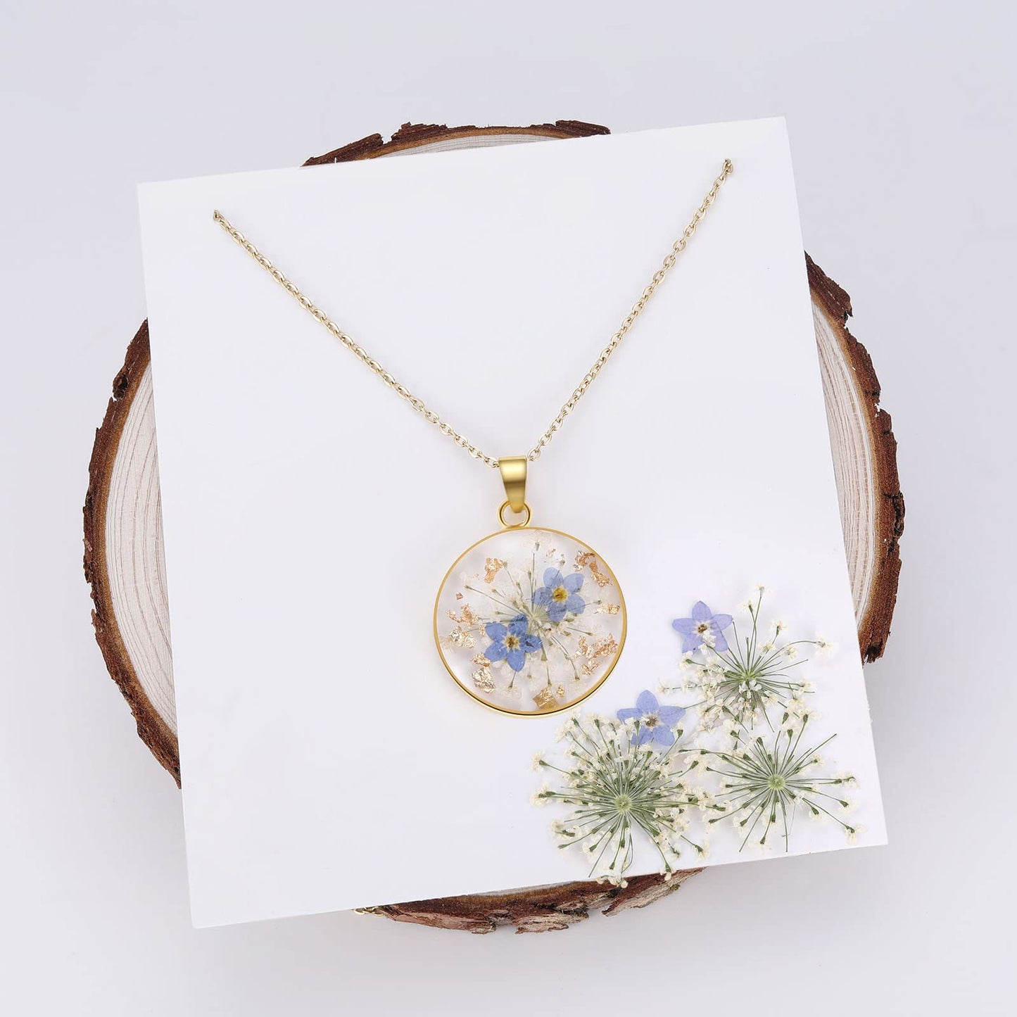 Forget-Me-Not and Queen Anne's Lace Pressed Wildflower Necklace | Gold Pressed Flower Necklace | Personalized Handmade Necklaces | Real Flower Necklace | Bridesmaid Jewelry | 18”