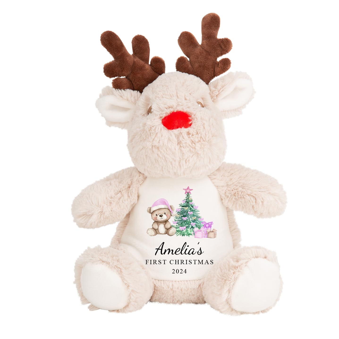 Personalised Reindeer Soft Toy with Custom Name - Baby's 1st Christmas Gift - Keepsake Plush for Newborn Boy Girl, Xmas Present for Son, Daughter, Grandson, Granddaughter, Niece, Nephew (Red Teddy)