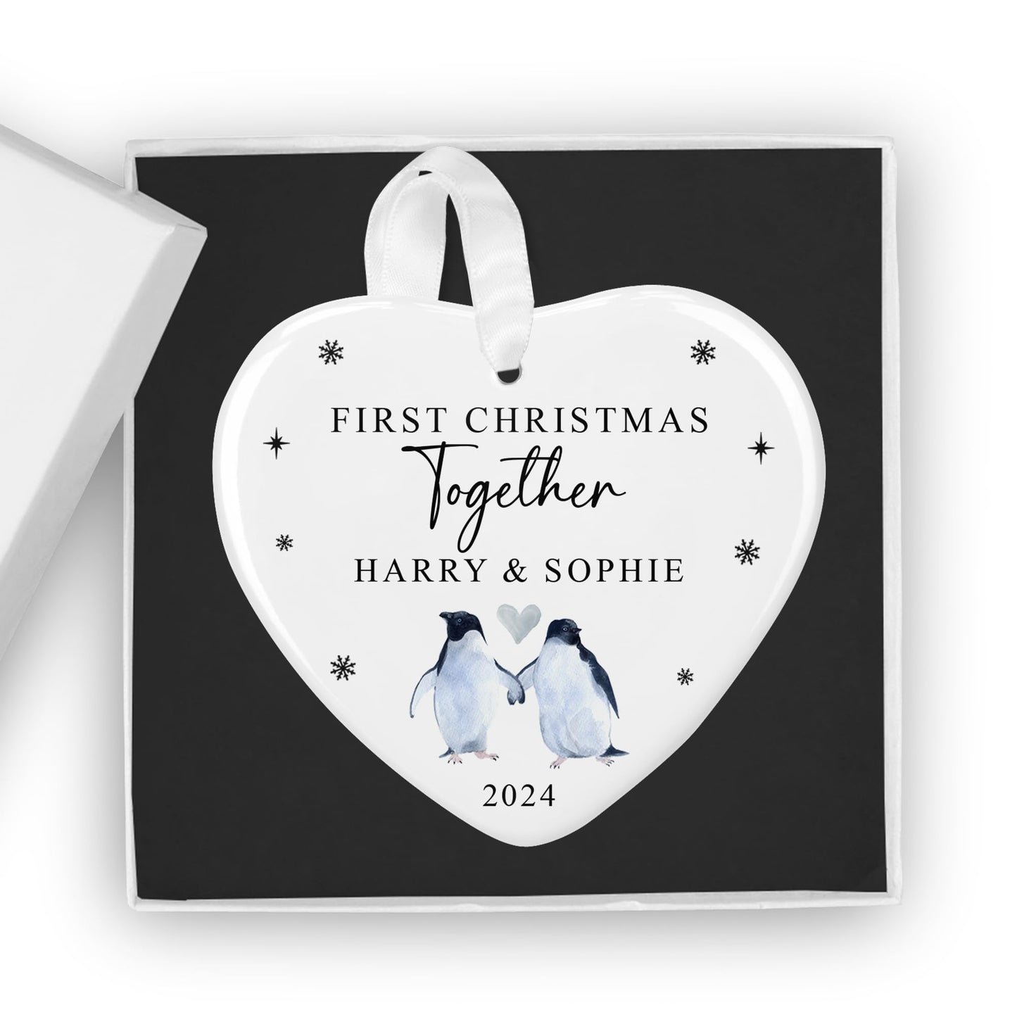 First Christmas Together Personalised Bauble with Penguins, Includes Gift Box - Custom 1st Xmas Tree Ornament - Keepsake Gift for New Couple, Girlfriend, Boyfriend, Him or Her (Heart)