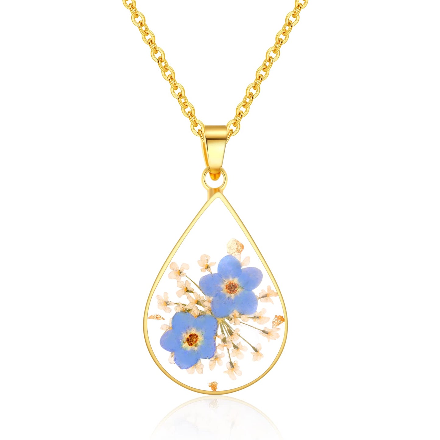 Forget-Me-Not and Queen Anne's Lace Pressed Wildflower Necklace | Gold Pressed Flower Necklace | Personalized Handmade Necklaces | Real Flower Necklace | Bridesmaid Jewelry | 18”