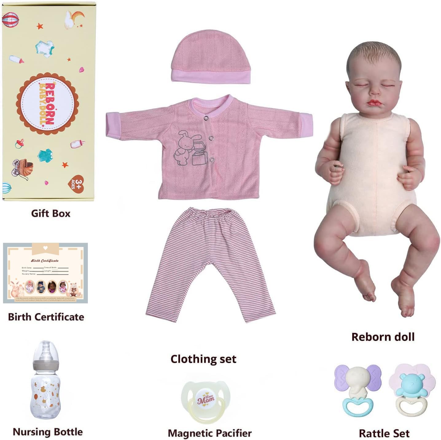 JIZHI Reborn Dolls - 17 inch Soft Body Lifelike-Newborn Baby Dolls Sleeping Girl Dolls with Clothes and Toy Accessories Gift for Kids Age 3+, Pink-hat