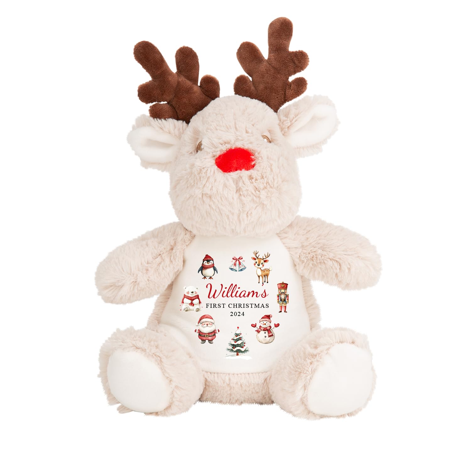 Personalised Reindeer Soft Toy with Custom Name - Baby's 1st Christmas Gift - Keepsake Plush for Newborn Boy Girl, Xmas Present for Son, Daughter, Grandson, Granddaughter, Niece, Nephew (Red Teddy)