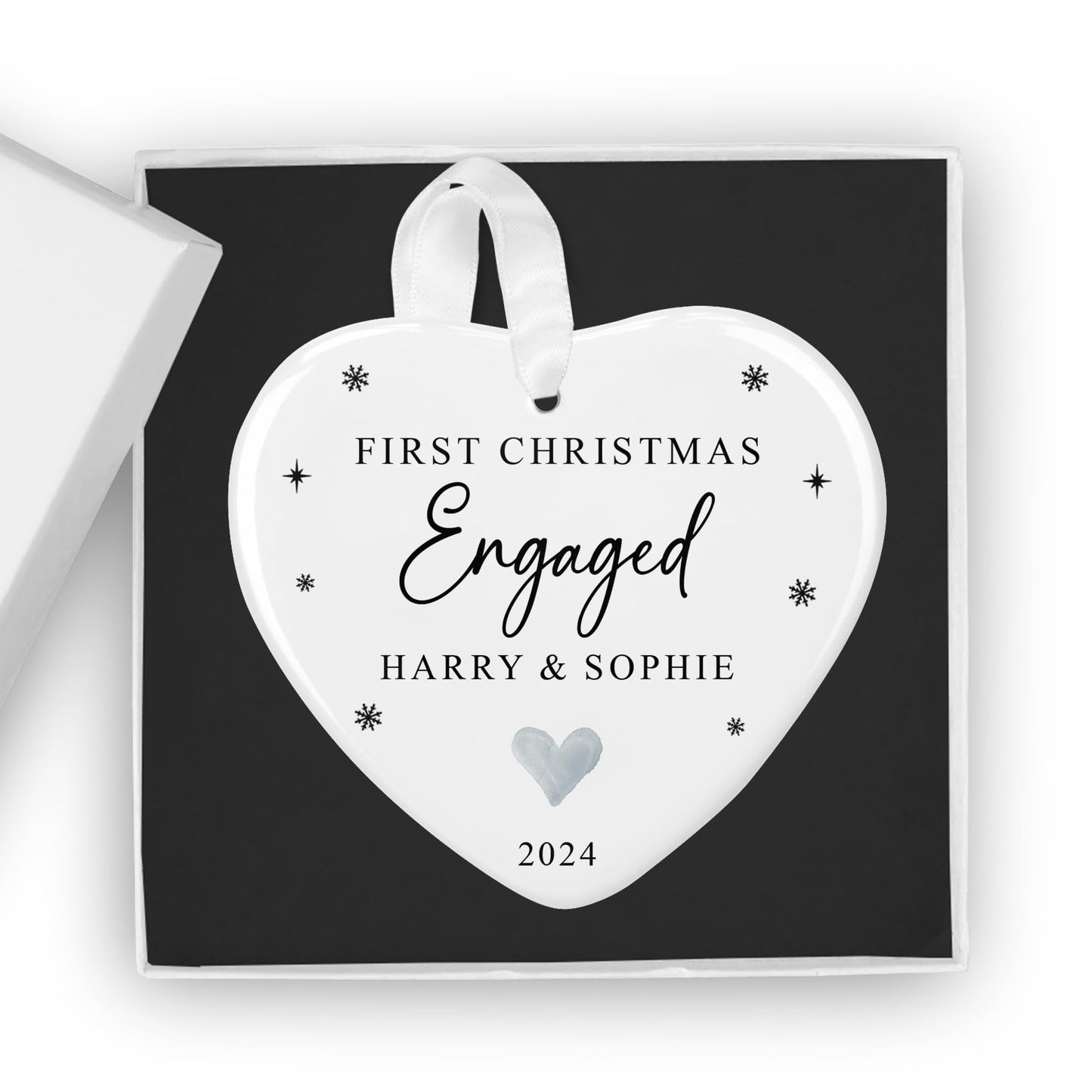 Personalised Our First Christmas Engaged Bauble with Gift Box, Custom 1st Xmas Engaged Ornament, Fiancé Gift, Couples Gift, Christmas Ornament, Engagement Gift (Heart)