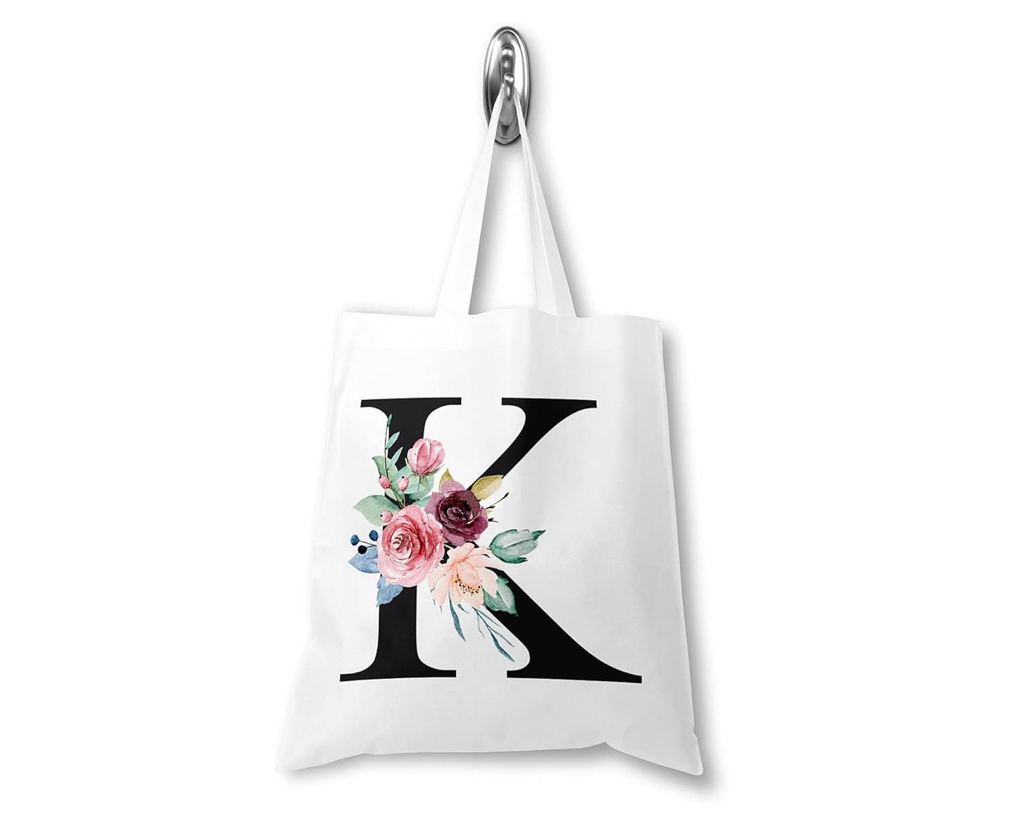 Personalised Tote Bag, Initial Tote Bag, Floral Watercolour Bag, Pink, Black or Rose Gold, Gift For Her, Alphabet Letter Tote Bag, Custom Floral Gift Bag, Bridesmaid Bag, Womens Bag