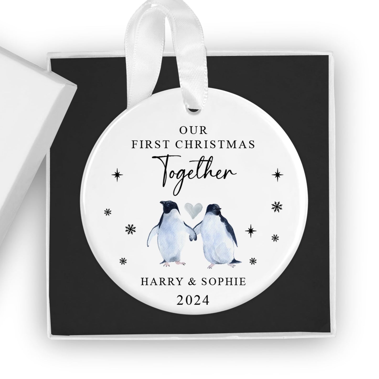 First Christmas Together Personalised Bauble with Penguins, Includes Gift Box - Custom 1st Xmas Tree Ornament - Keepsake Gift for New Couple, Girlfriend, Boyfriend, Him or Her (Heart)