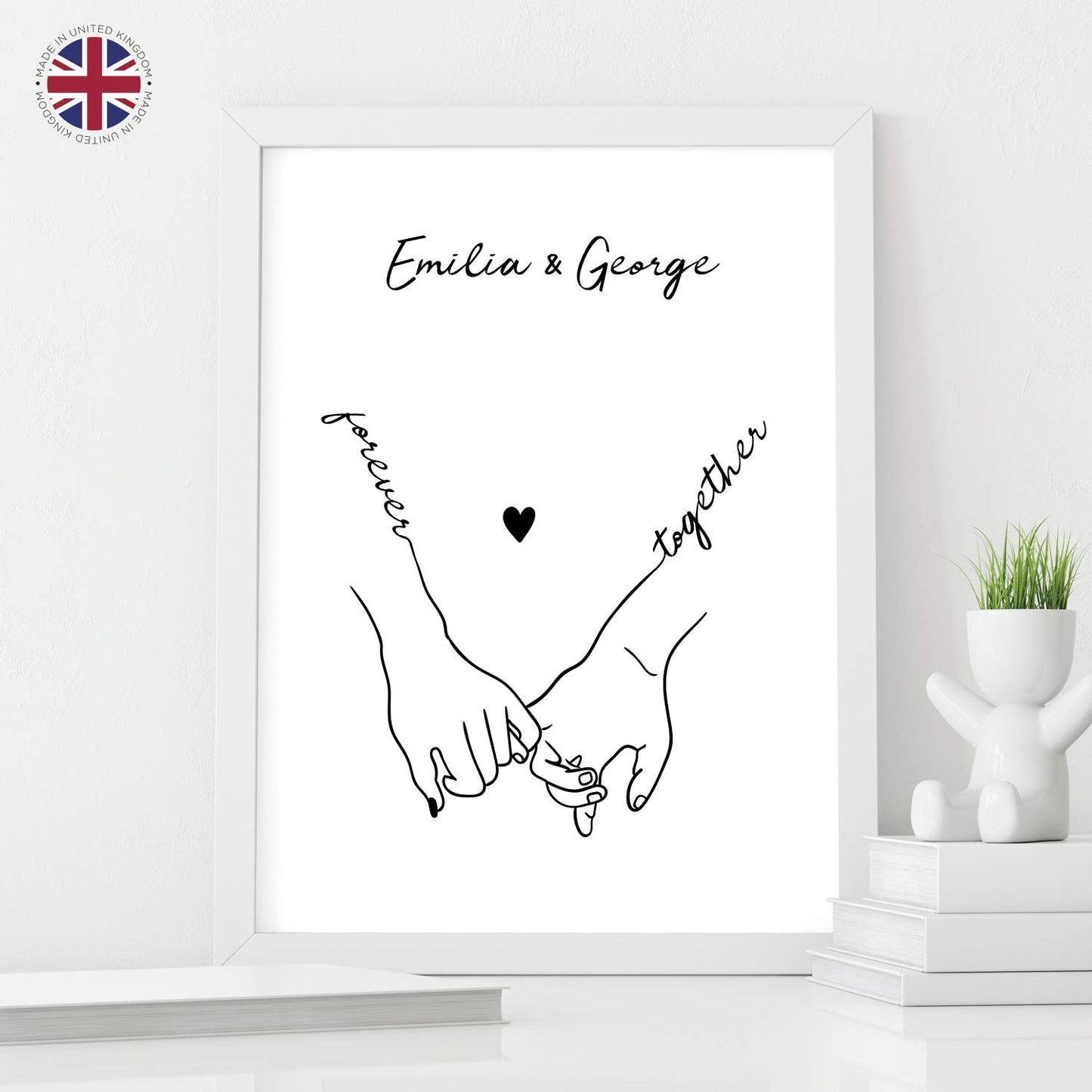 Personalised Couple Holding Hands Art Print | Gift Idea for Wedding, Engagement, Valentines or Anniversary | Minimalist Style Print | A3, A4 and A5 Wood Effect Frames Available