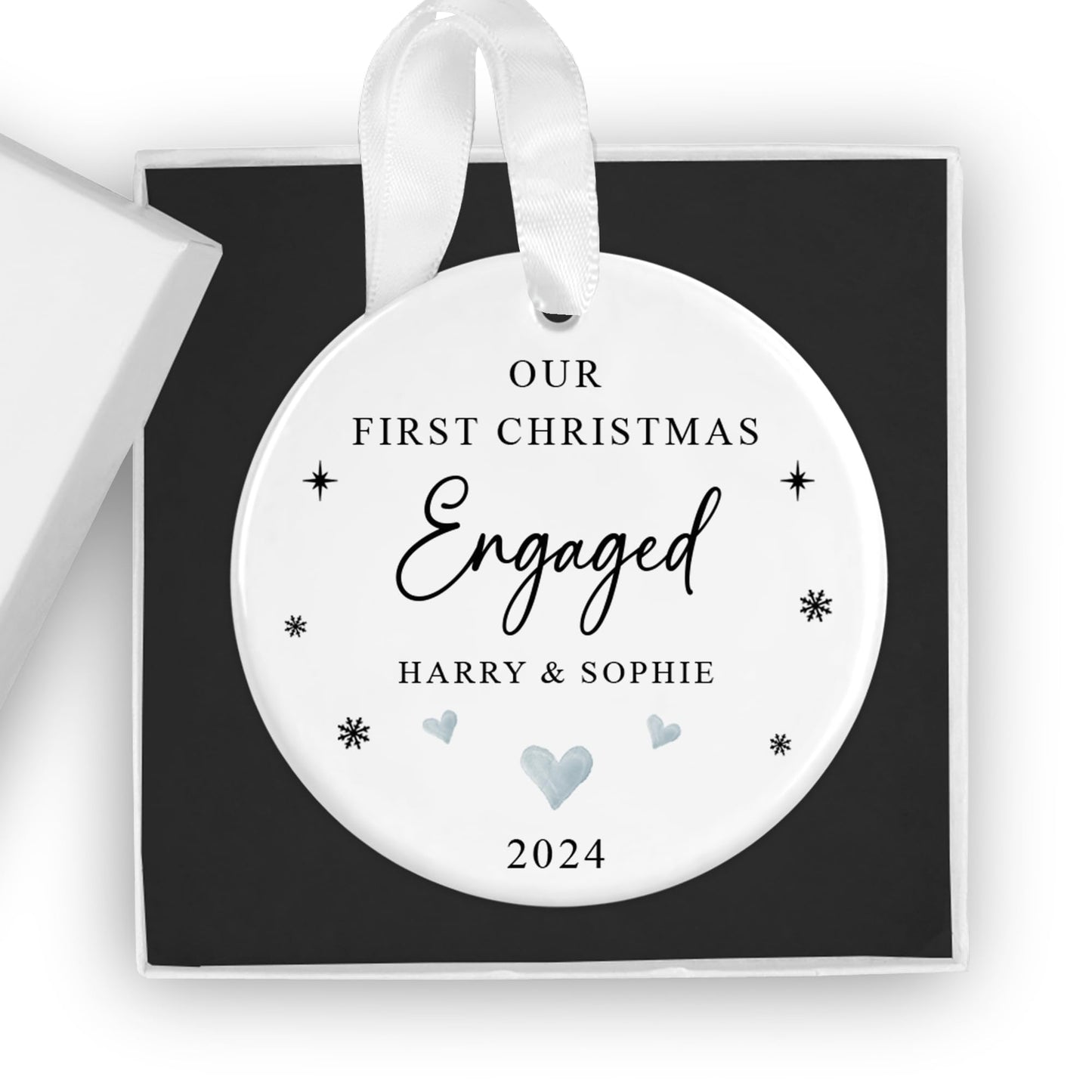 Personalised Our First Christmas Engaged Bauble with Gift Box, Custom 1st Xmas Engaged Ornament, Fiancé Gift, Couples Gift, Christmas Ornament, Engagement Gift (Heart)