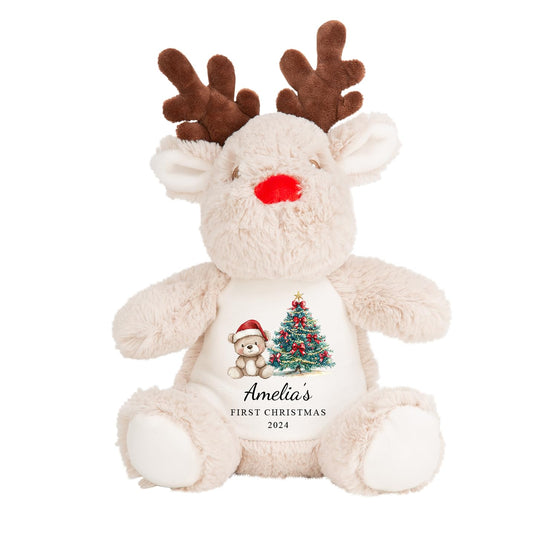 Personalised Reindeer Soft Toy with Custom Name - Baby's 1st Christmas Gift - Keepsake Plush for Newborn Boy Girl, Xmas Present for Son, Daughter, Grandson, Granddaughter, Niece, Nephew (Red Teddy)