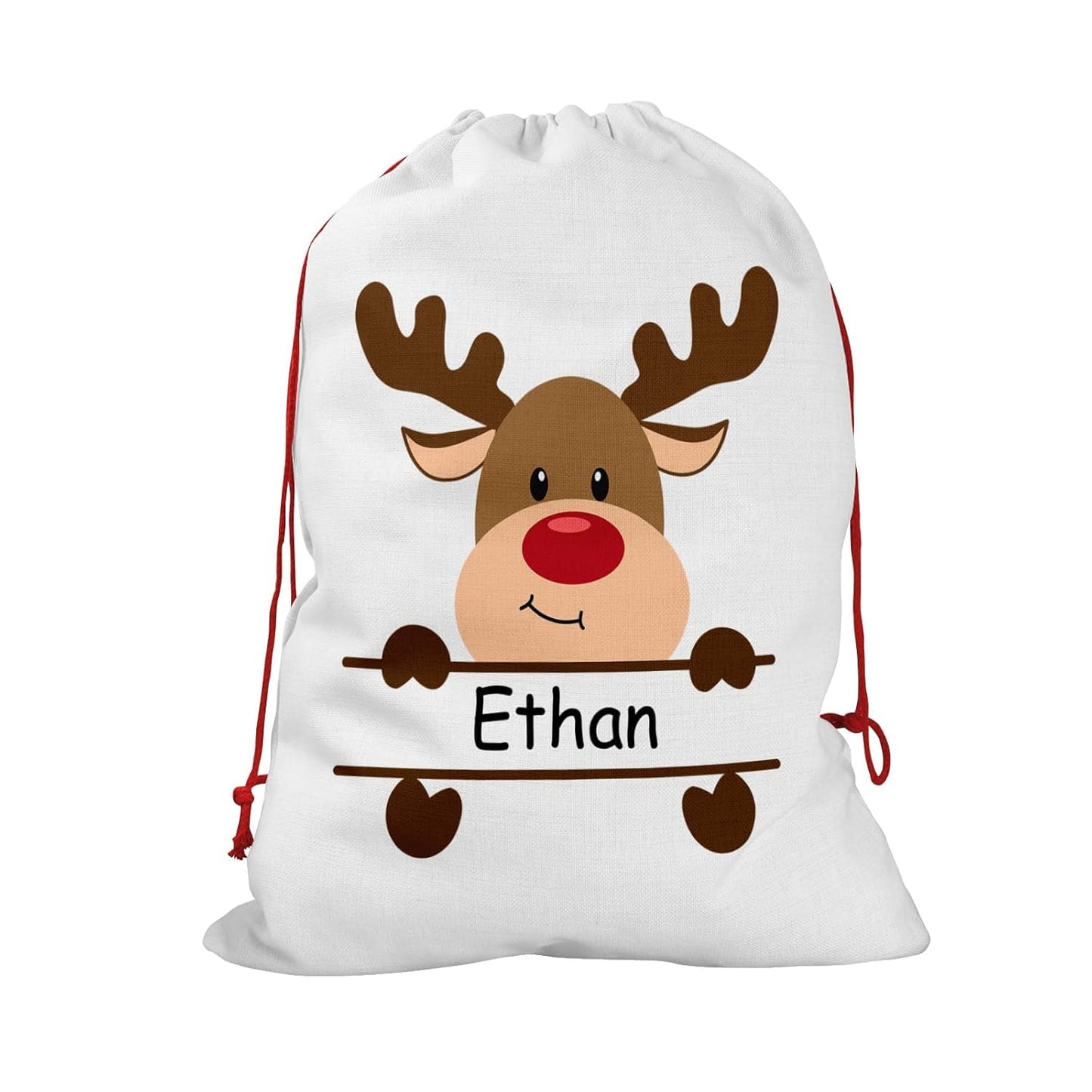 Personalised Santa Sack with Custom Name | Large Christmas Sack for Gifts | Xmas Gift Bag for Under Tree | Christmas Eve Bag | Christmas Stocking Alternative - Red Initial Reindeer (Cotton)