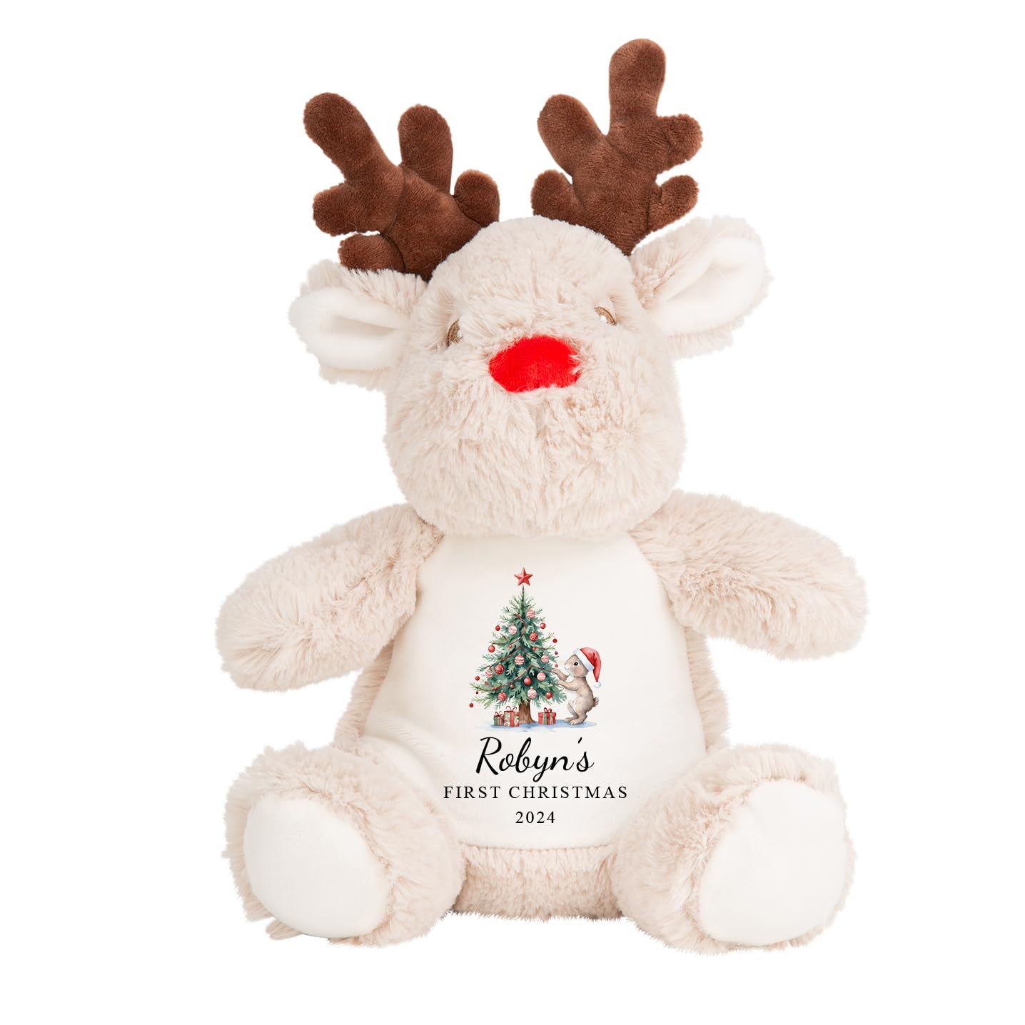 Personalised Reindeer Soft Toy with Custom Name - Baby's 1st Christmas Gift - Keepsake Plush for Newborn Boy Girl, Xmas Present for Son, Daughter, Grandson, Granddaughter, Niece, Nephew (Red Teddy)