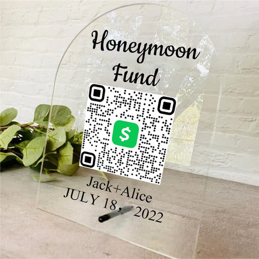 Pahdecor Custom Scannable Wedding Arch Sign Honeymoon Fund Plaque Scan to Pay Qr Code Sign Personalized Clear Acrylic Table Signs Party Decor (8 * 10IN)