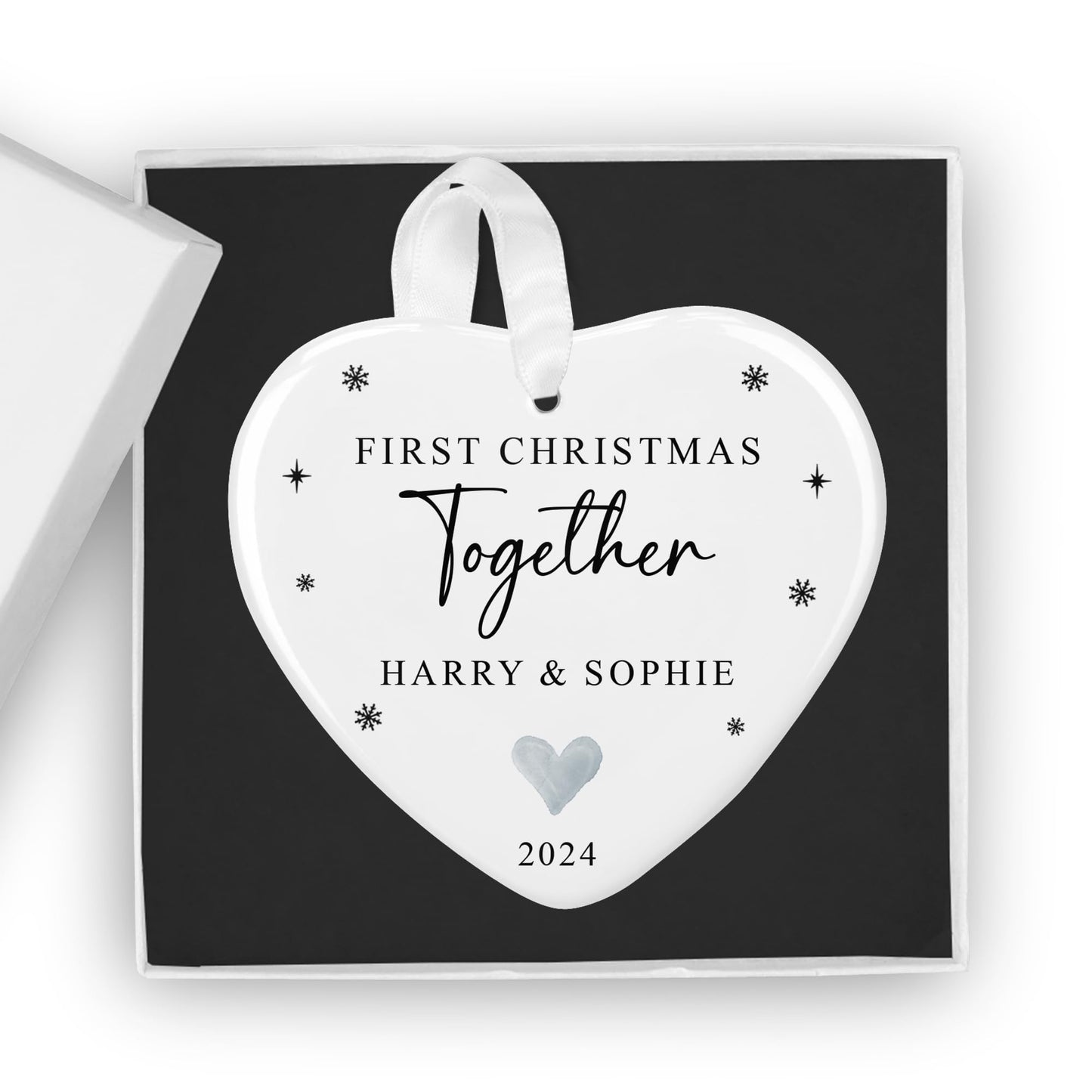 First Christmas Together Personalised Bauble with Penguins, Includes Gift Box - Custom 1st Xmas Tree Ornament - Keepsake Gift for New Couple, Girlfriend, Boyfriend, Him or Her (Heart)