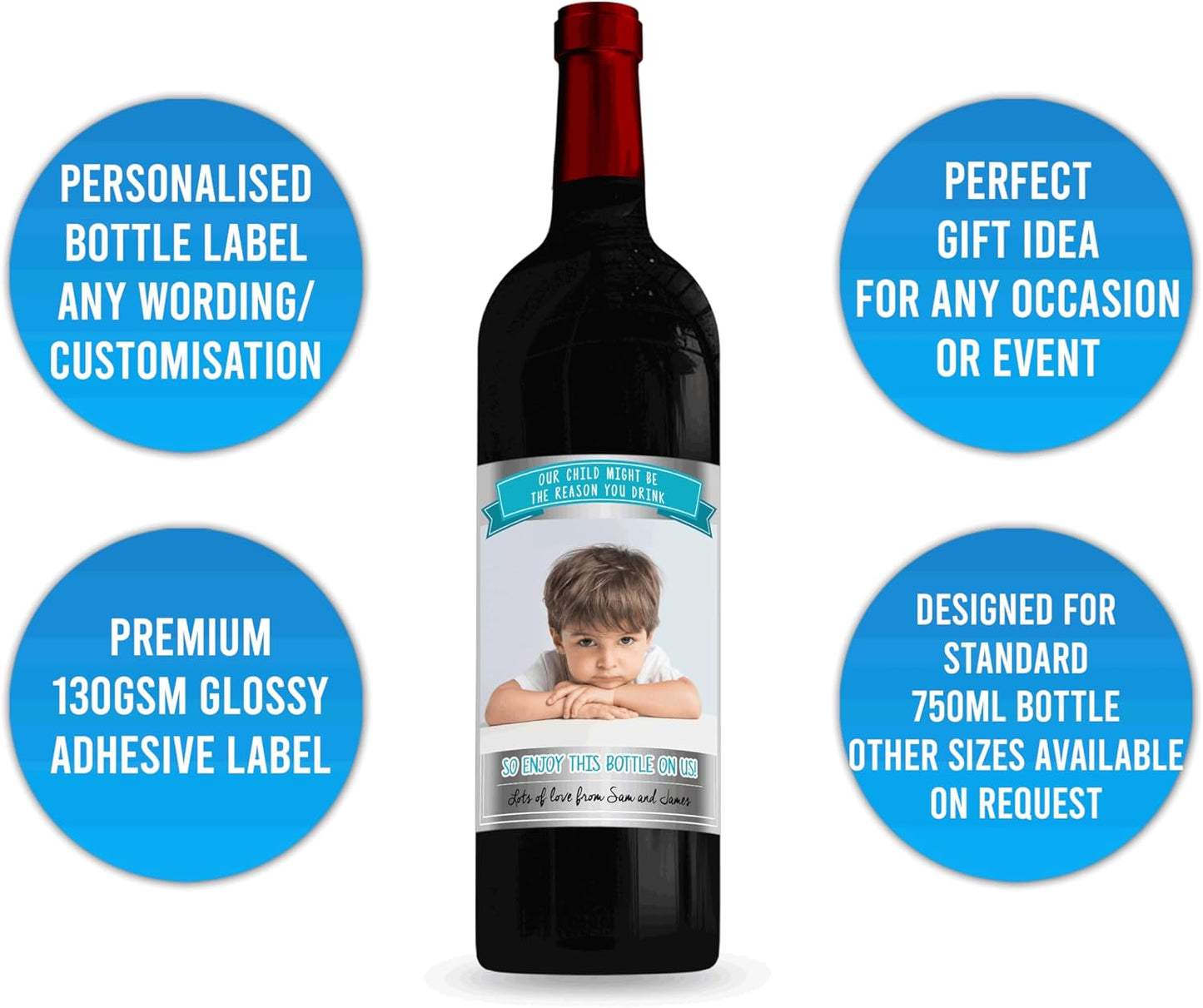 Personalised 'Our Child Might be The Reason You Drink' Photo red Wine Bottle Label, Any Wording