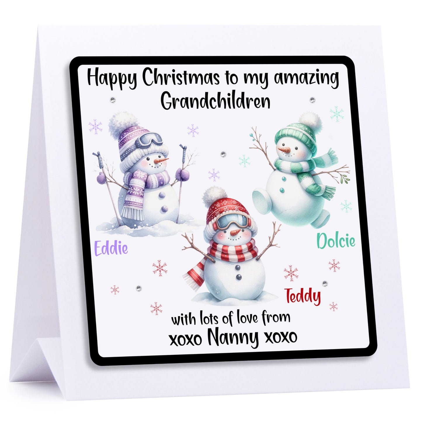 Personalised Christmas Card Family Christmas Card Snowmen - Embellished With Glittering Crystals From Swarovski Family or Couple 1-12 names