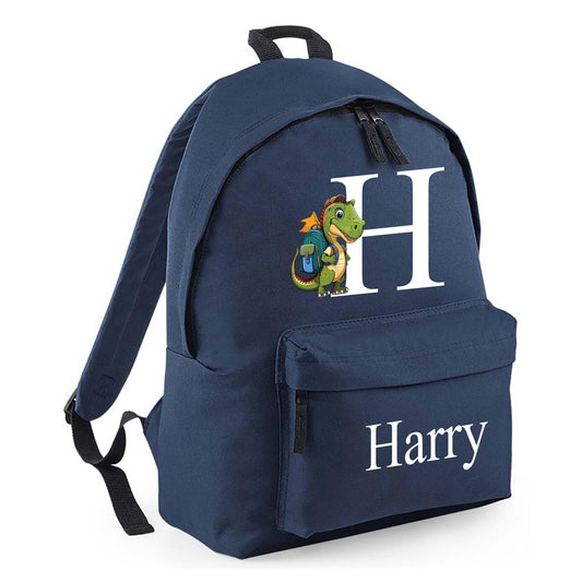 Personalised Kids Backpack - Custom Rucksack with Name - Multiple Designs & Colours - Ideal for Boys, Girls, Nursery and Primary School Children Back to School (Small, Dinosaur Initial, Navy)