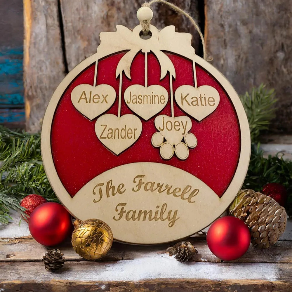 Laser Amore Large Personalised Christmas Bauble - Red Glitter Wooden Hanging Xmas Tree Decoration with Family and Pets Names, Family Christmas Ornament Gift - Perfect for Xmas Decorations