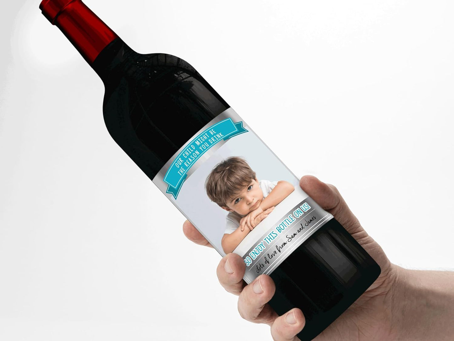 Personalised 'Our Child Might be The Reason You Drink' Photo red Wine Bottle Label, Any Wording