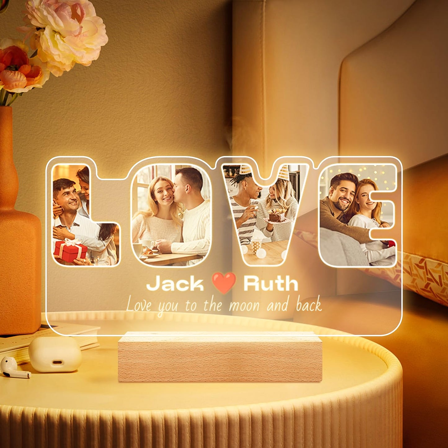 Personalised Anniversary Birthday Gifts for Women & Men, Custom Photo Frame with Night Light, Personalized Acrylic Plaque with Photos, Personalised Christmas Couples Gifts for Him & Her