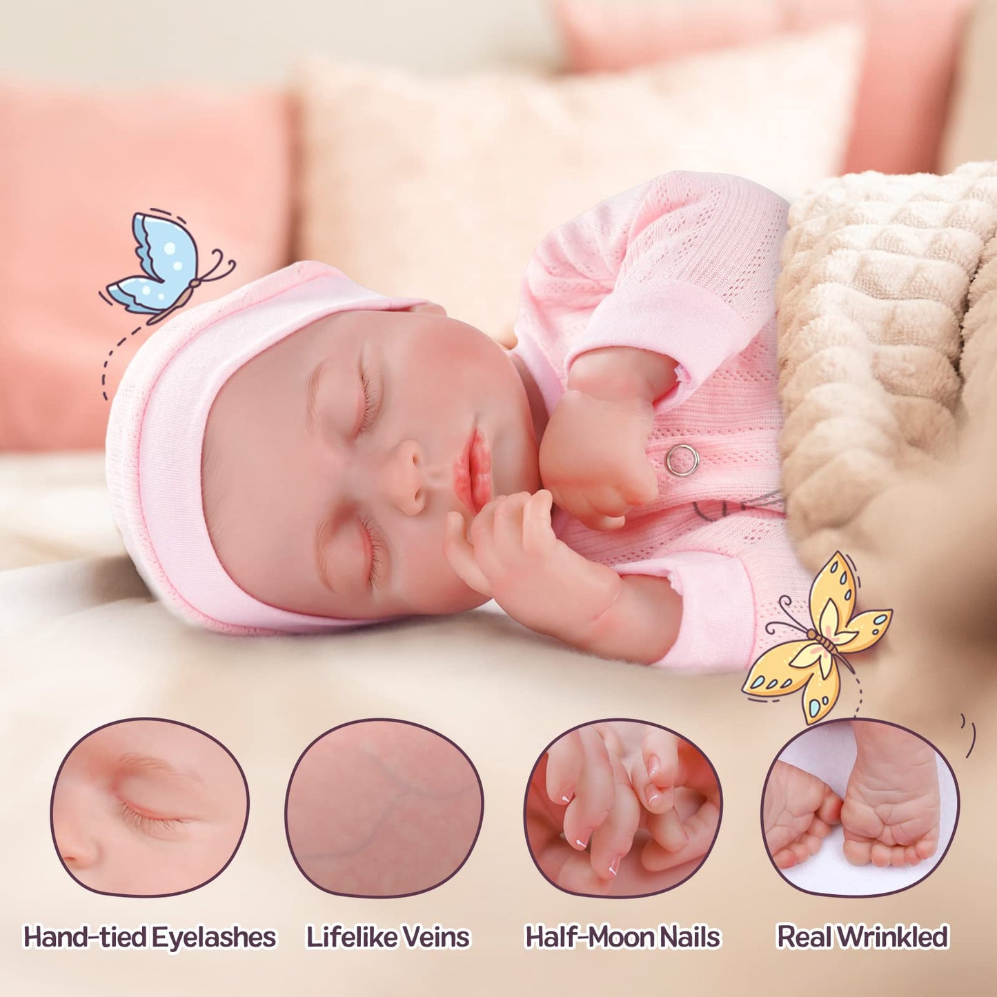 JIZHI Reborn Dolls - 17 inch Soft Body Lifelike-Newborn Baby Dolls Sleeping Girl Dolls with Clothes and Toy Accessories Gift for Kids Age 3+, Pink-hat