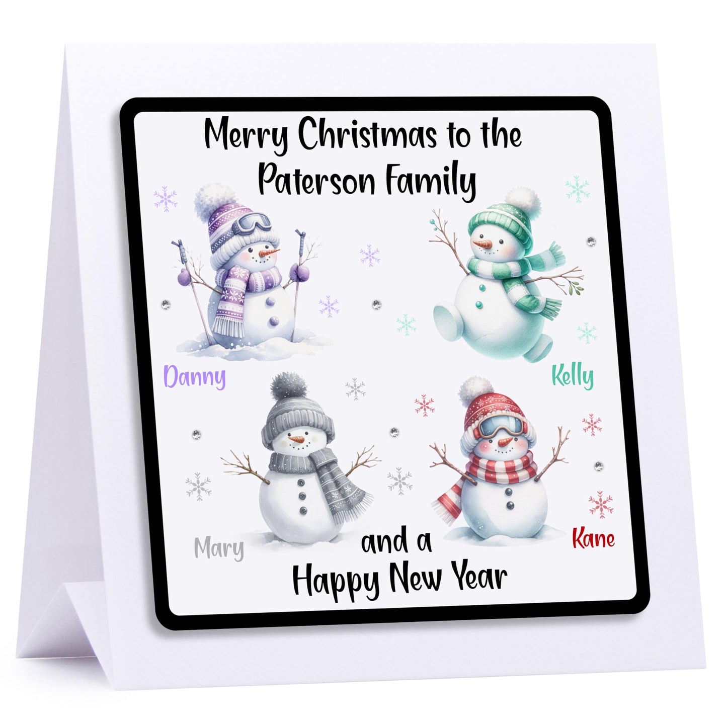 Personalised Christmas Card Family Christmas Card Snowmen - Embellished With Glittering Crystals From Swarovski Family or Couple 1-12 names