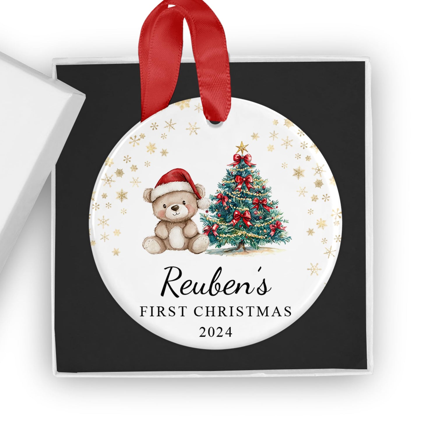 Personalised Baby's First Christmas Ornament - Custom 2024 Ceramic Keepsake Bauble - Gift Box Included - Ideal for Boys & Girls (Night Sky Rabbit (Pink))