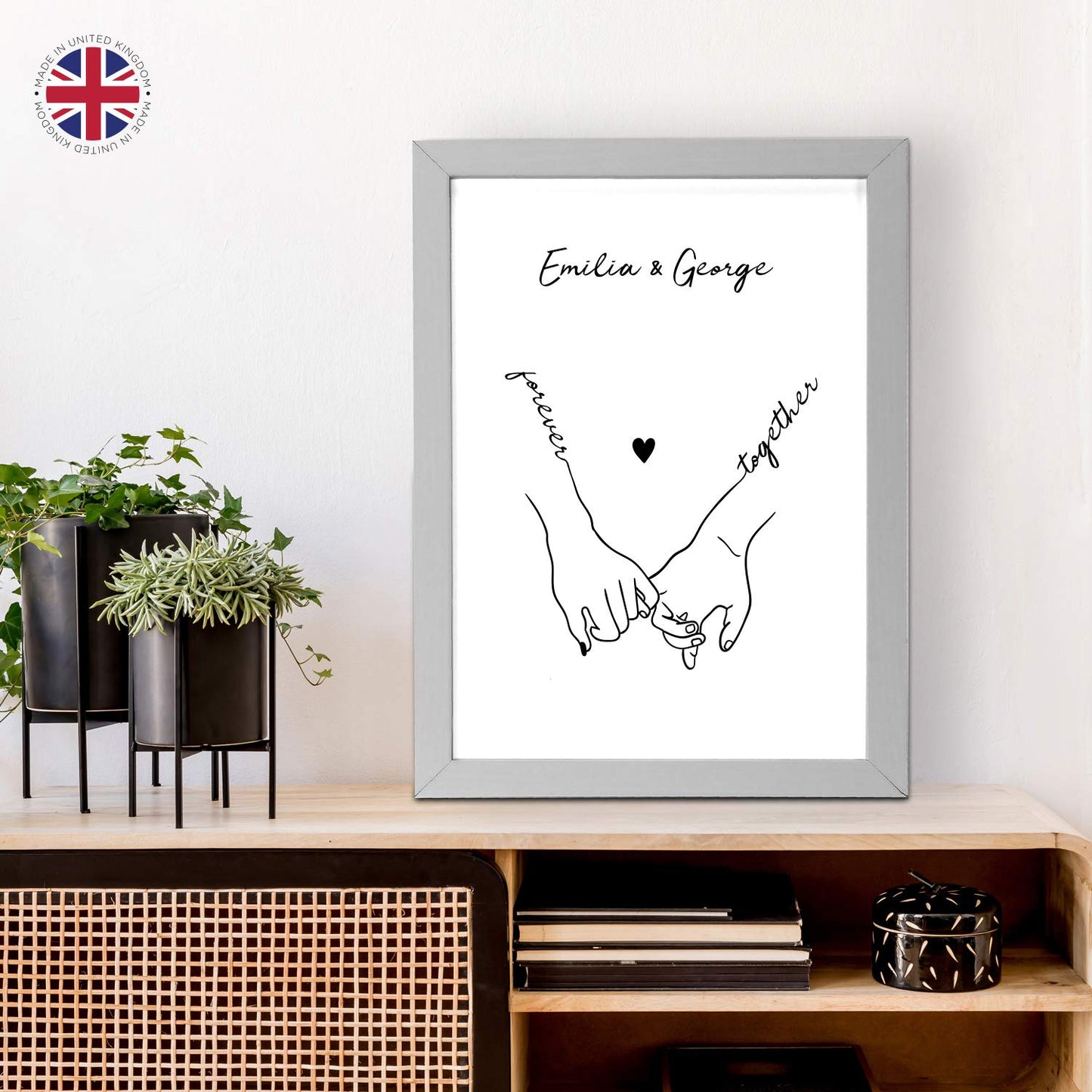 Personalised Couple Holding Hands Art Print | Gift Idea for Wedding, Engagement, Valentines or Anniversary | Minimalist Style Print | A3, A4 and A5 Wood Effect Frames Available