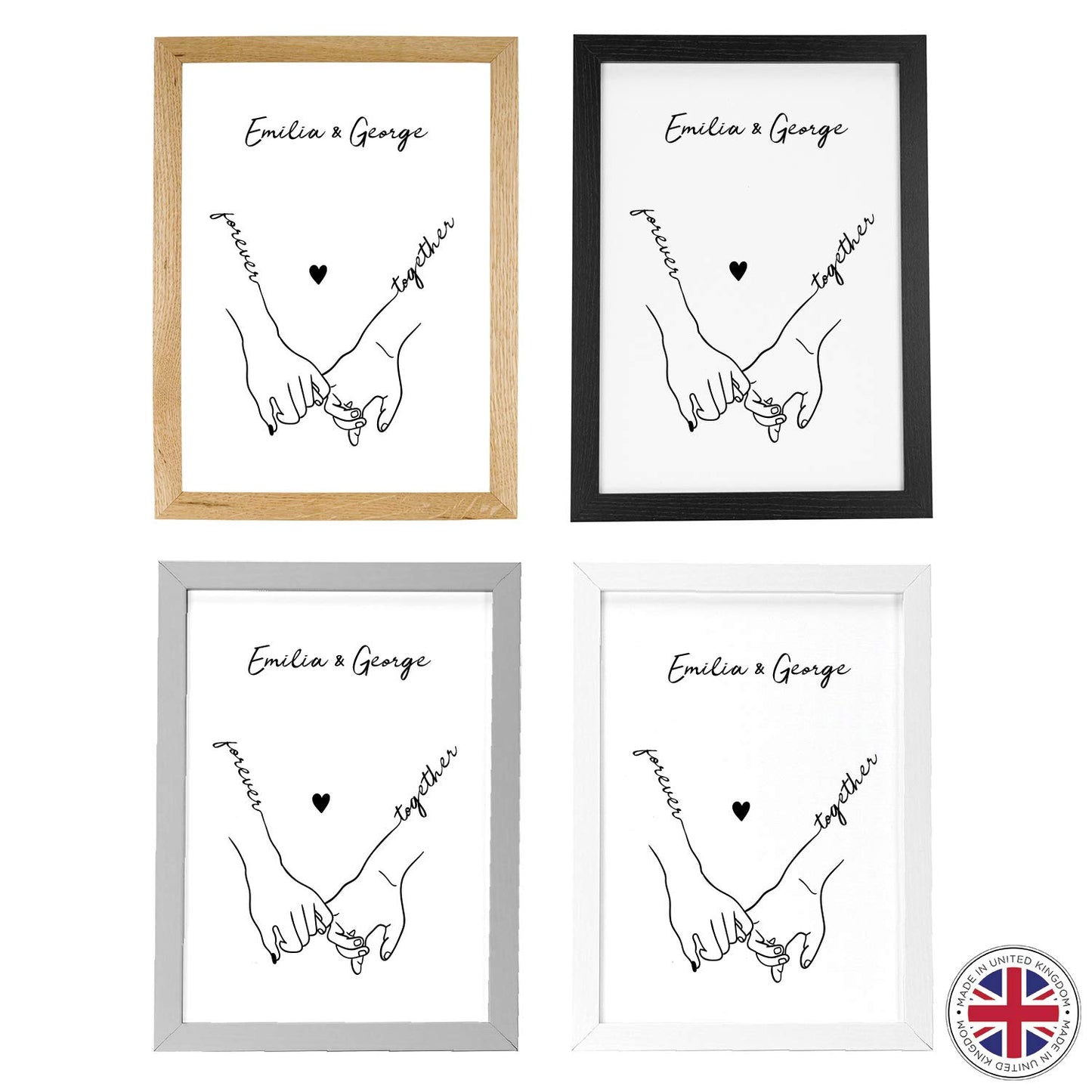 Personalised Couple Holding Hands Art Print | Gift Idea for Wedding, Engagement, Valentines or Anniversary | Minimalist Style Print | A3, A4 and A5 Wood Effect Frames Available