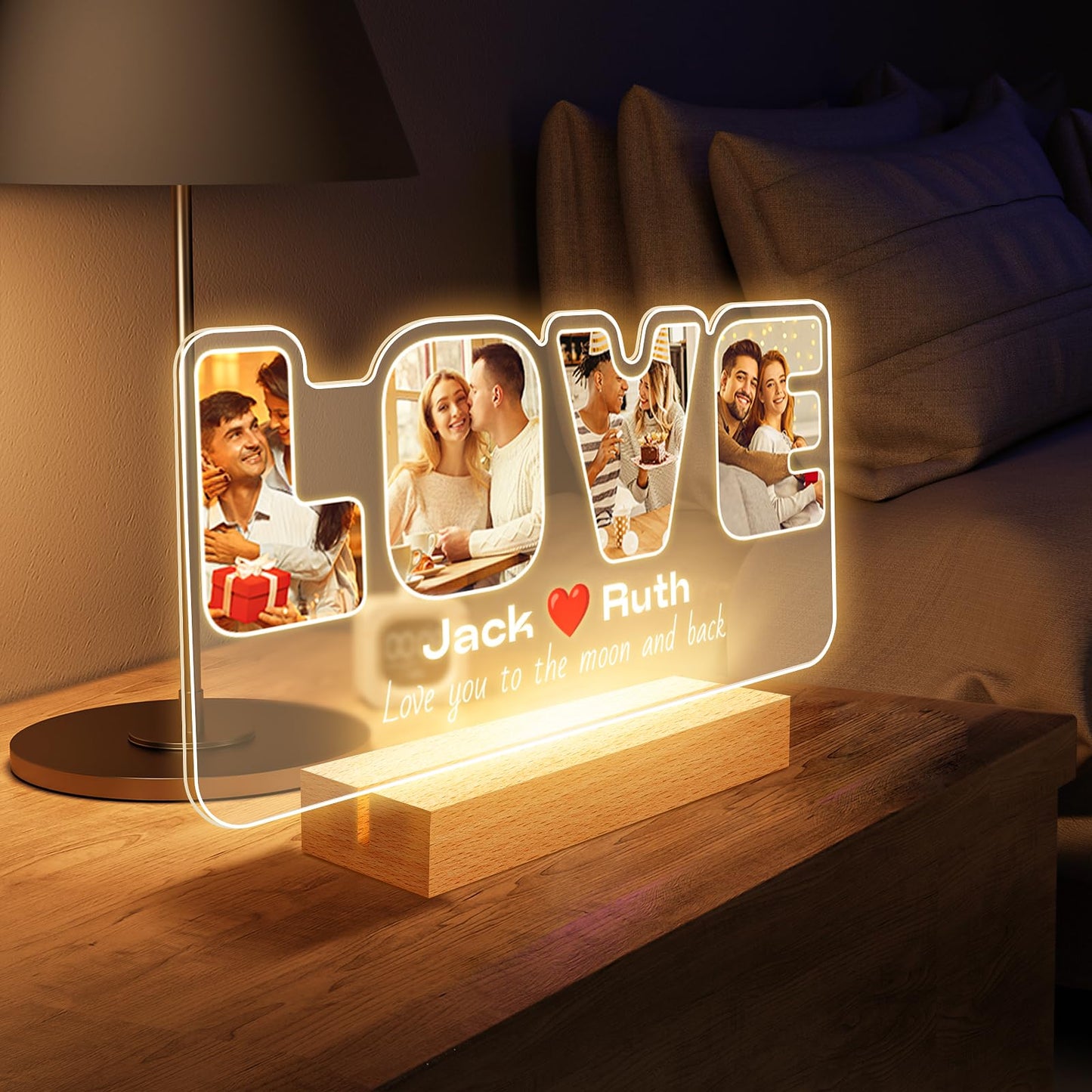 Personalised Anniversary Birthday Gifts for Women & Men, Custom Photo Frame with Night Light, Personalized Acrylic Plaque with Photos, Personalised Christmas Couples Gifts for Him & Her