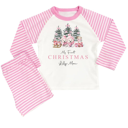 Personalised Girls First Christmas Pyjamas 1st Baby Xmas Pjs Pink