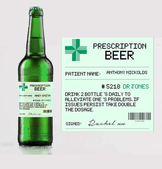 Personalised Prescription Beer/Lager Bottle Label (Pack of 4) Any Wording