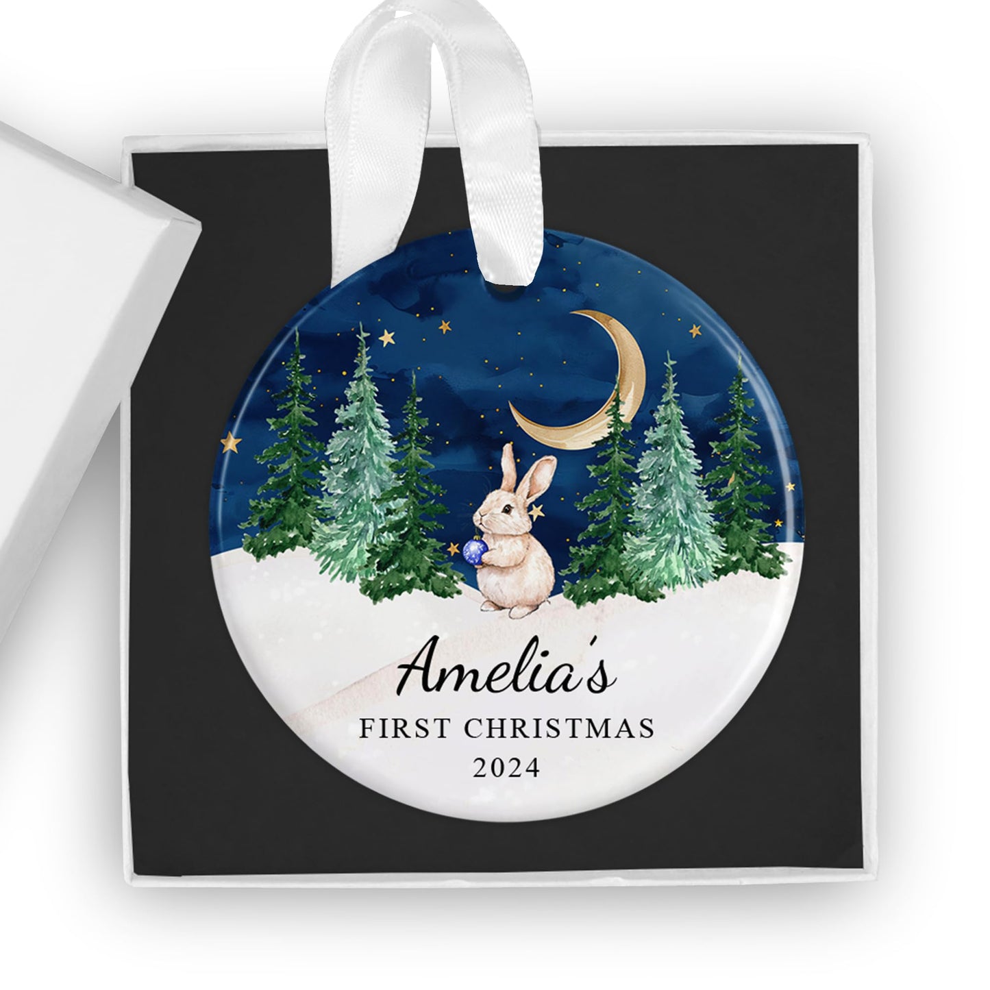 Personalised Baby's First Christmas Ornament - Custom 2024 Ceramic Keepsake Bauble - Gift Box Included - Ideal for Boys & Girls (Night Sky Rabbit (Pink))