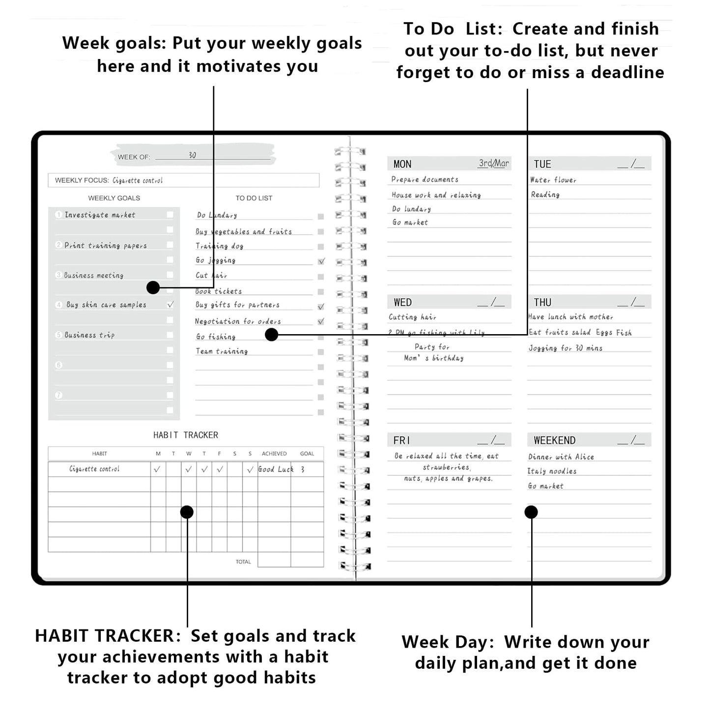 Moseem Weekly Planner Notebook, Undated A5 Planner Notebook Daily Planner To Do List Diary,Weekly Goals Planner with Habit Tracker 52 Weeks Planning for College Work Adhd Planner(Pink)